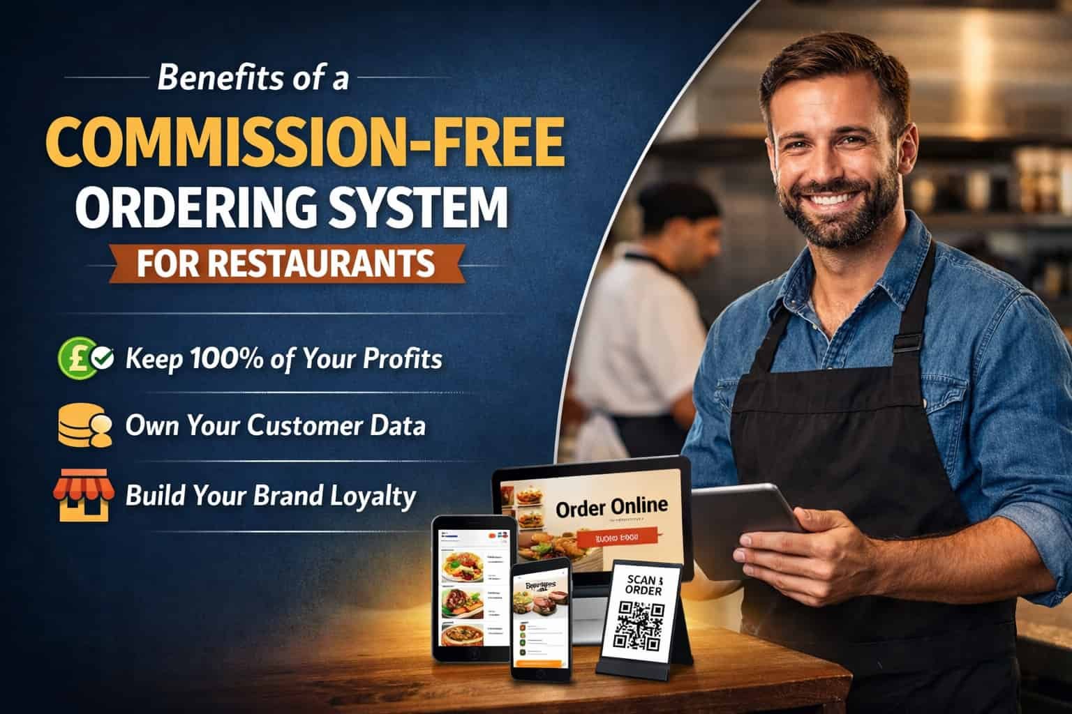 Restaurant owner using a commission-free online ordering system on tablet showing increased profits, customer data control, and branded ordering platform