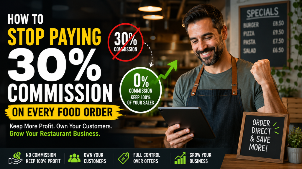 Restaurant owner using a direct online ordering system to avoid 30% commission fees and keep more profit from every food order.